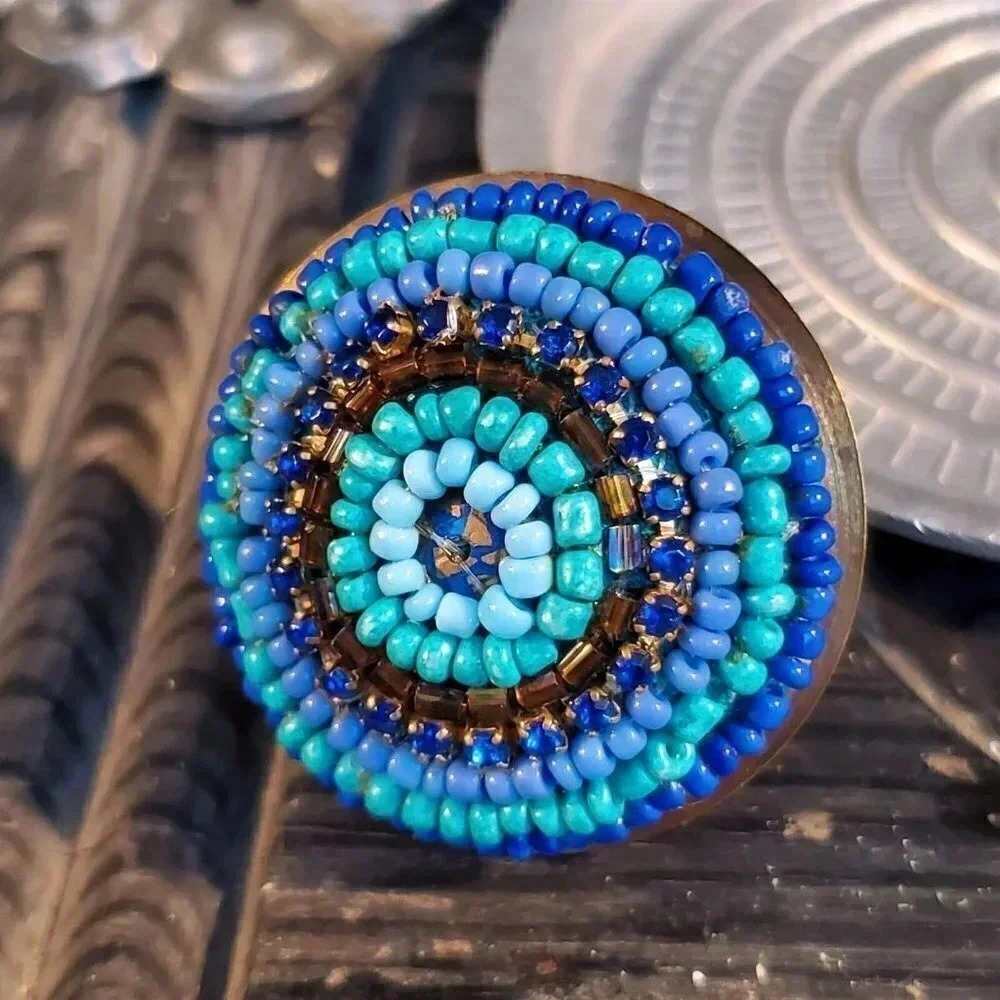 India Brass Turquoise Blue Beads Artisan Beaded Statement Cocktail Ring